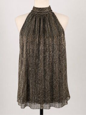 Vince Camuto Metallic Halter Blouse Black Gold Shimmer Keyhole Back Size L NWOT